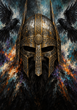 A dark-bearded figure in an ornate metal helmet is framed by two black ravens facing inward against a textured background.