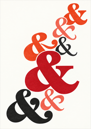 Seven red, coral, crimson, and near-black ampersand symbols arranged diagonally on a warm-white background.