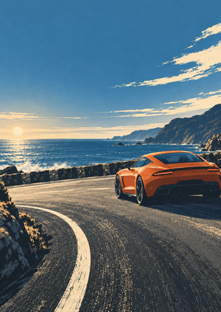 Unbranded orange sports car on a sweeping coastal road beside a stone breakwater, sea and distant rocky headland.