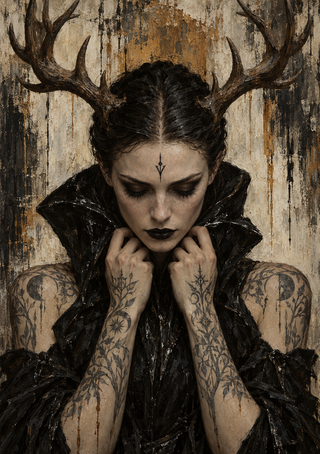 Dark-haired woman with branching antlers, closed eyes, a black high collar, and arm markings.