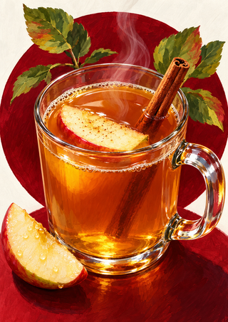 A steaming glass mug of amber apple cider with a floating apple slice and cinnamon stick, beside a cut apple wedge and autumn leaves on a cream background with a red circle.