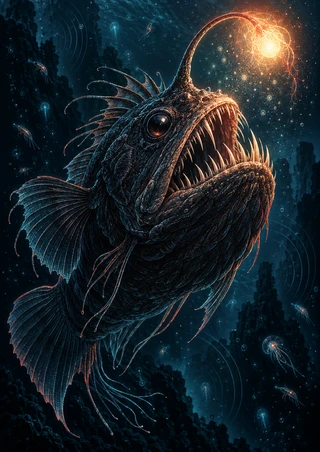 Large anglerfish with an arcing gold-white lure, open jaws, and cyan highlights in dark indigo water.