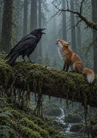 A red fox and black raven face one another on a mossy fallen tree above a stream in a misty forest.
