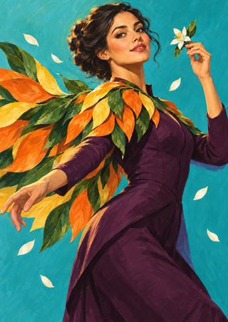 Adult performer in a plum outfit with a sweeping orange, yellow and green leafy cape, holding a white blossom against turquoise.