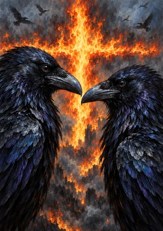 Two black ravens face each other before a towering cross-shaped wall of flames.