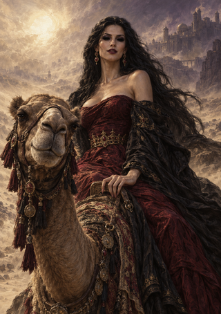 Woman in a burgundy gown and black mantle beside a decorated camel, with patterned textiles and distant towers in a warm haze.