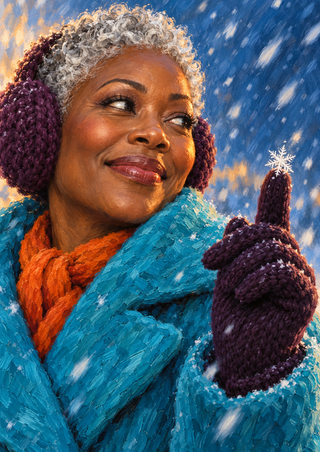 Painterly portrait of a smiling woman in plum ear warmers and a turquoise coat looking at a snowflake above her gloved fingertip.