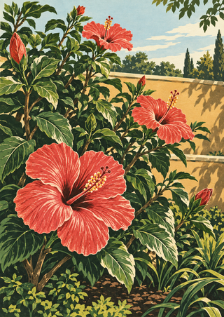 Lush hibiscus shrub with a large coral-red flower, smaller blooms and buds, leafy branches, and an ochre wall.