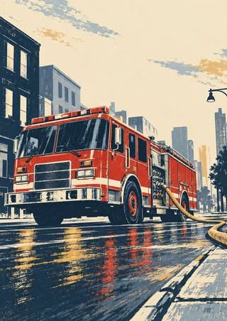 Red fire engine with a hose on a wet-looking urban street, framed by simplified buildings beneath an open cream sky.