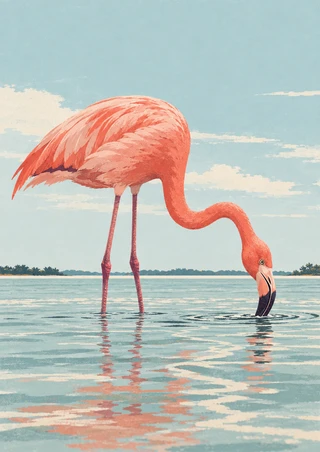 Coral-pink flamingo feeding in shallow water, with a curved neck, separated legs, ripples, and a reflection.