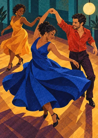 Three adult dancers turn on a wooden floor: a woman in a cobalt skirt holds hands with a man in red, with a dancer in golden yellow behind them.