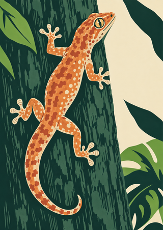 Spotted orange-and-cream gecko climbing a dark teal tree trunk, with four limbs spread and its tail curling downward.