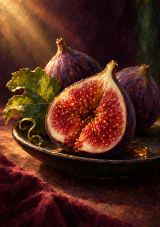 Halved purple fig with a glossy red seed interior on a dark reflective plate, with two whole figs and a broad leaf.