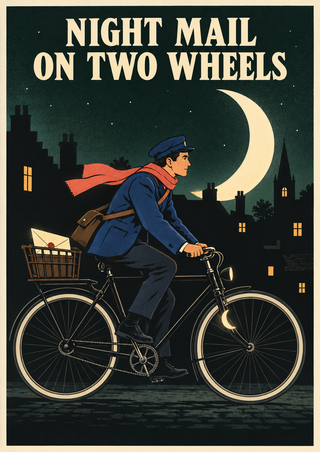 Vintage-style poster reading “NIGHT MAIL / ON TWO WHEELS,” showing a bicycle courier with a letter basket riding through a moonlit town.