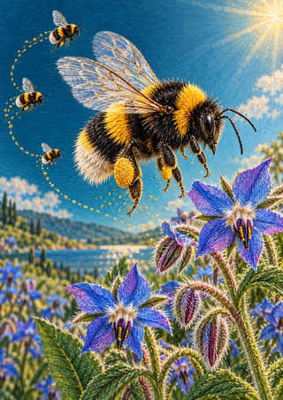 Large bumblebee hovering above blue-violet flowers, with three smaller bees along a curved dotted path.