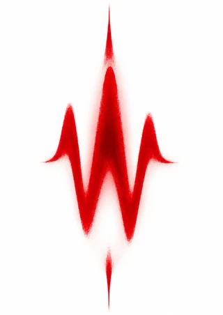 Crimson waveform-like zigzag with a tall central peak and soft pink-red glow on white.