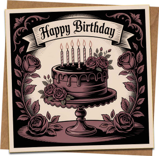 Happy Birthday Card, Vintage Cake and Roses Design, Square Greeting Card 145mm x 145mm, Blank Inside, Includes Kraft Envelope, Birthday Greeting for Men Women Adults