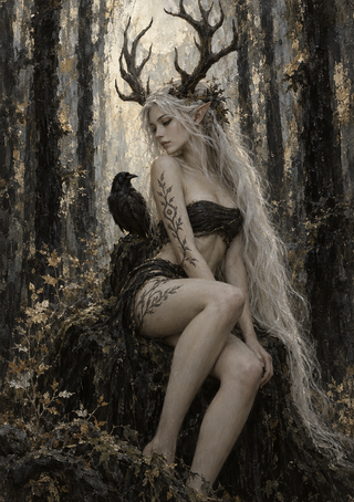 Antlered, long-haired woman with dark vine-like markings seated in a dense forest beside a black bird.