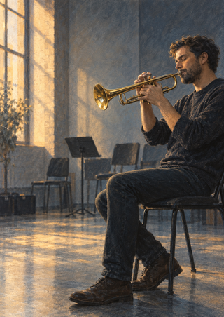 Seated adult musician playing a trumpet toward the left in a rehearsal room lit by a warm window.