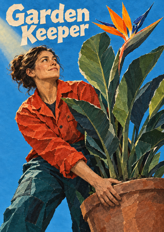 An adult gardener in a vermilion jacket stands beside a potted bird-of-paradise with long leaves and an orange-and-blue flower; “Garden Keeper” appears above.