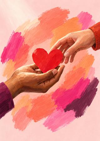 Two hands exchange a vivid red paper heart against loose coral, apricot, and fuchsia brushstrokes.