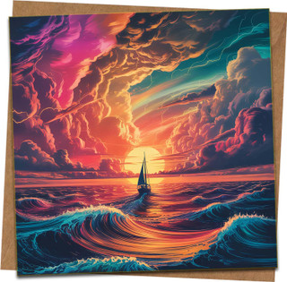 Sunset Sailboat Ocean Greeting Card 145mm x 145mm – Vibrant Seascape Blank Inside with Kraft Envelope – Birthday, Congratulations, Thinking of You, Anniversary