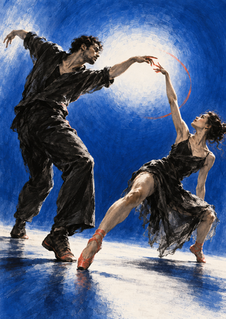 Two full-body dancers in dark flowing costumes reach toward each other against a cobalt-blue field and white halo, with a thin coral arc behind them.