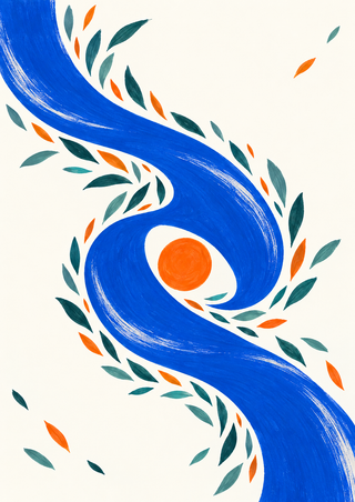 Broad cobalt S-curve around a small orange disc with scattered teal and orange leaf-like marks on warm white.