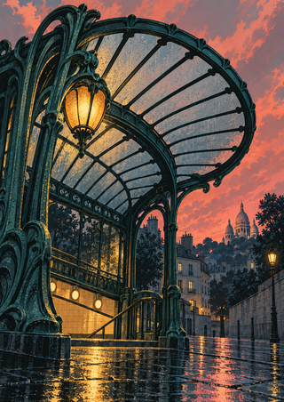 Ornate iron-and-glass metro entrance with an amber lantern above wet paving, distant buildings and a domed skyline beneath a coral dusk sky.