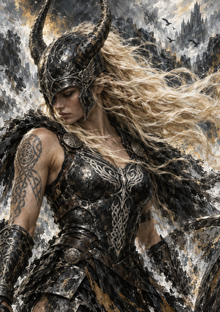 Armored blonde woman in a horned helmet with windblown hair and a distant fortress in a storm.