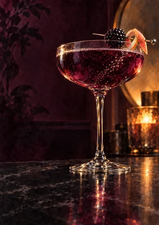 A dark ruby drink with bubbles in a coupe, garnished with a blackberry and citrus slice beside an amber candle.