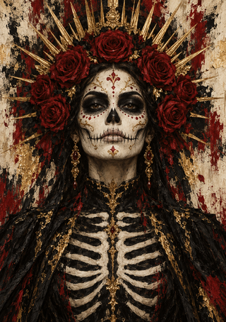 Woman with skull-style face paint, gold spike halo, red roses and black rib-cage patterned clothing.