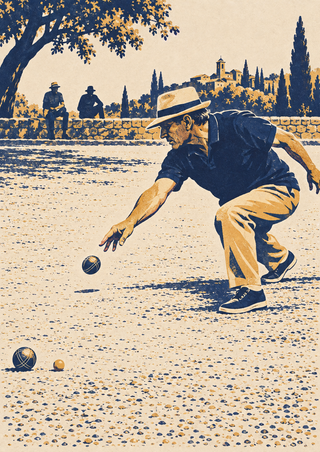 A pétanque player reaches toward boules and a small ochre jack on a gravel court, with two seated spectators and a hillside village behind.