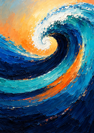 A thickly painted blue and turquoise curling wave with a white foam spiral and bright orange accents.
