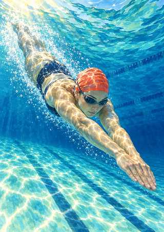 An adult swimmer in goggles and an orange-red cap glides underwater with arms extended, bubbles trailing behind, and sunlight rippling across the pool.