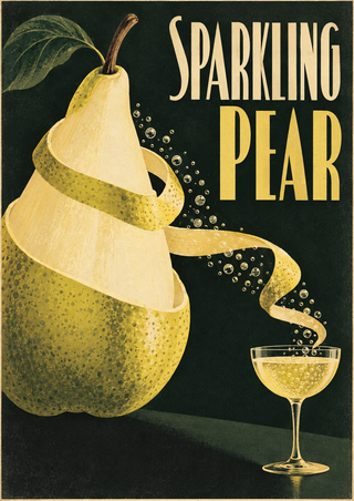 Golden pear with curling peel and a bubble trail leading to a stemmed glass, beside the words “SPARKLING PEAR” on a dark background.