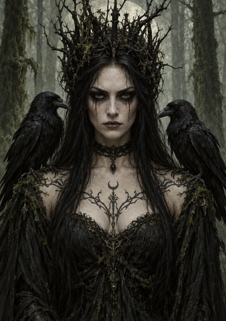 Pale dark-haired woman wearing a thorny branch crown and dark feathered clothing, flanked by two ravens.