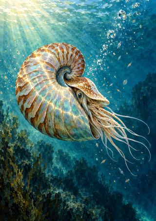 A nautilus-like cephalopod with a ribbed spiral shell and long pale tentacles swims through sunlit turquoise water.