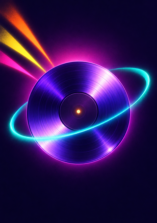 Electric-lilac vinyl record with fine grooves encircled by a glowing turquoise ribbon, with tangerine, yellow, and pink beams against a midnight-violet background.