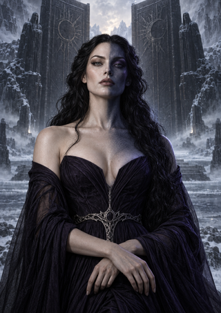 Dark-haired woman in a dark gown before monumental carved gates, statues, and snowy cliffs.
