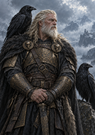 Bearded figure in dark armor and feathered cloak standing between two ravens, with mountains and a castle behind.