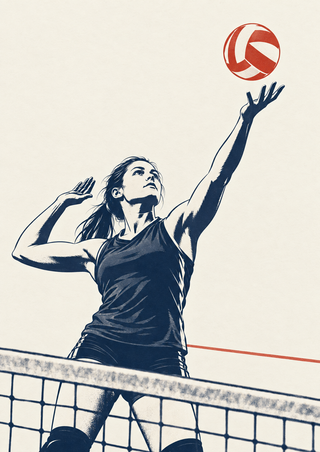 Navy-and-vermilion illustration of a volleyball player reaching toward a ball above a net.
