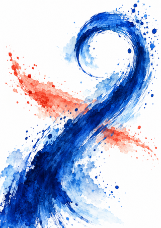 A sweeping cobalt-blue watercolor loop crosses a coral wash and pale-blue blooms on a white background.