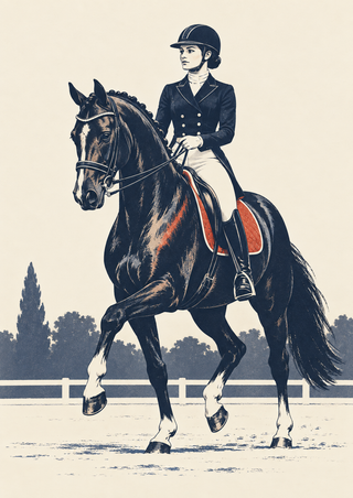 Helmeted rider in formal attire on a dark horse moving in an arena, with a red saddle-pad accent and distant trees.