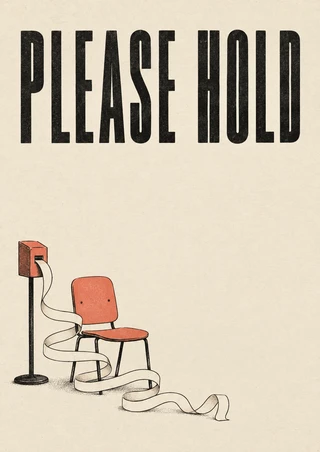 Black “PLEASE HOLD” lettering above a ticket dispenser and blank curling ribbon wrapped around an empty coral chair.