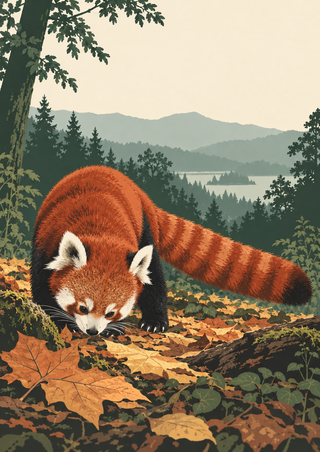 Red panda lowering its muzzle among autumn leaves, with a ringed tail extending across a forest scene.
