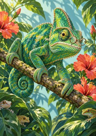 Green chameleon wearing round spectacles on a diagonal branch amid coral blossoms and foliage, with three smaller lizards near the bottom.