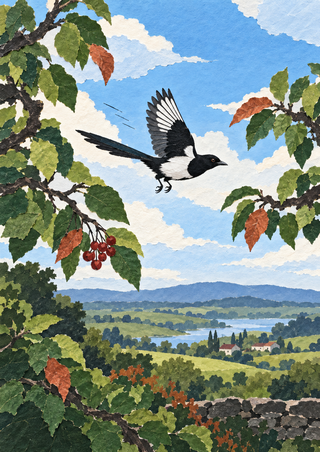 Black-and-white long-tailed bird flying between leafy branches above red berries, distant fields, hills and a stone wall.