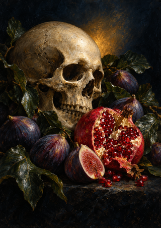 An ivory human skull sits among purple figs, dark leaves and an opened pomegranate with glistening ruby seeds.