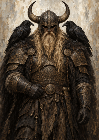 Bearded armored figure in a large horned helmet, with a black raven perched on each shoulder.